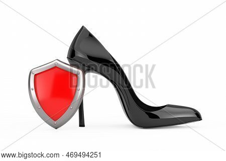 Black High Heels Wooman Shooes With Red Metal Protection Shield On A White Background. 3d Rendering