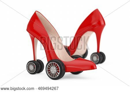 Red High Heels Wooman Shooes With Wheels Tyre On A White Background. 3d Rendering