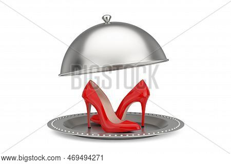 Silver Restaurant Cloche With Red High Heels Wooman Shooes On A White Background. 3d Rendering