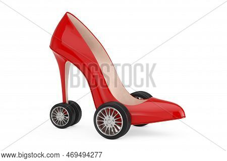 Red High Heels Wooman Shooes With Wheels Tyre On A White Background. 3d Rendering