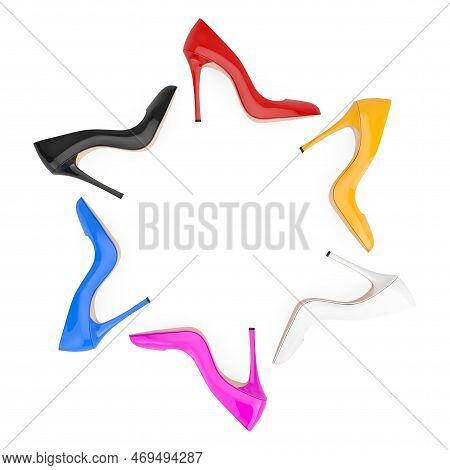 Multicolored High Heels Wooman Shooes In Shape Of Circle On A White Background. 3d Rendering