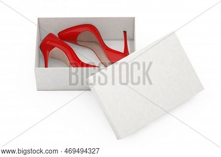 Red High Heels Wooman Shooes With Blank White Cardboard Shoebox On A White Background. 3d Rendering