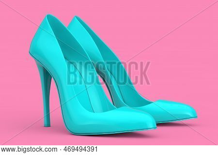 Blue High Heels Wooman Shooes In Duotone Style On A Pink Background. 3d Rendering