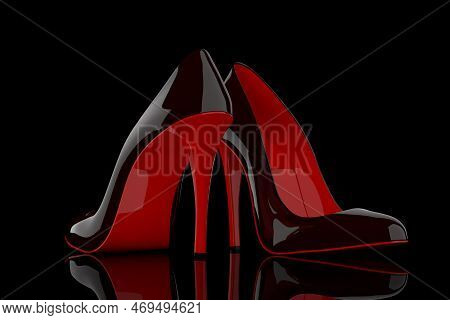 Black And Red High Heels Wooman Shooes On A Black Background. 3d Rendering