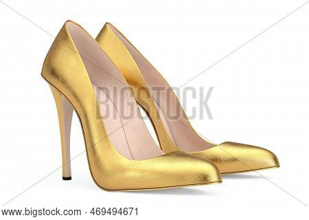 Golden High Heels Wooman Shooes On A White Background. 3d Rendering