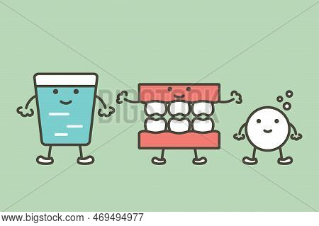 Denture Or False Teeth With Effervescent Tablet And Water Glass For Cleaning - Dental Cartoon Vector