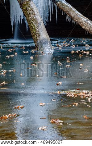 Two Tree Trunks Fill Up The Ice Falls And Extend Nto The Splash Pool Of Kaskaskia Falls In Kaskaskia