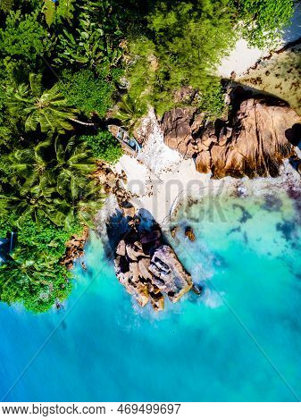 Drone View From Above At A Tropical Beach In The Seychelles, Anse Volbert Beach Praslin