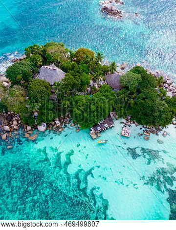 Drone View From Above At A Tropical Beach In The Seychelles, Anse Volbert Beach Praslin