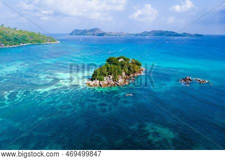 Drone View From Above At A Tropical Beach In The Seychelles, Anse Volbert Beach Praslin