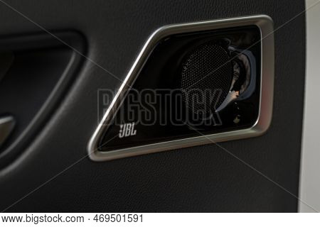 Moscow, Russia - December 11, 2021 Jbl Speaker Grille. Modern Car Interior Close Up View. Details Of