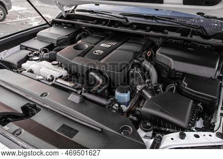 Moscow, Russia - December 11, 2021 Toyota Land Cruiser 300 (j300) Engine. Suv Car With Open Hood. Ca
