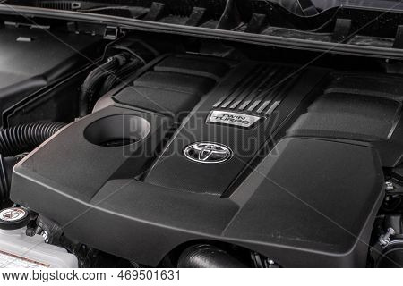 Moscow, Russia - December 11, 2021 Toyota Land Cruiser 300 (j300) Engine. Suv Car With Open Hood. Ca