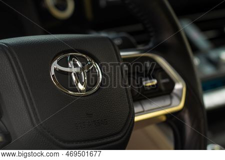 Moscow, Russia - December 11, 2021 Toyota Land Cruiser 300 (j300) Steering Wheel Close Up View. Toyo