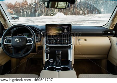 Moscow, Russia - December 11, 2021 Toyota Land Cruiser 300 (j300), Interior View. Luxury Crossover S