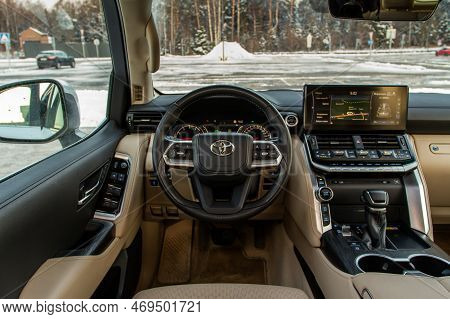 Moscow, Russia - December 11, 2021 Toyota Land Cruiser 300 (j300), Interior View. Full-size Modern C
