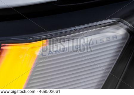 Moscow, Russia - December 11, 2021 Toyota Land Cruiser 300 (j300) Model Headlight Lamp. Close Up Det