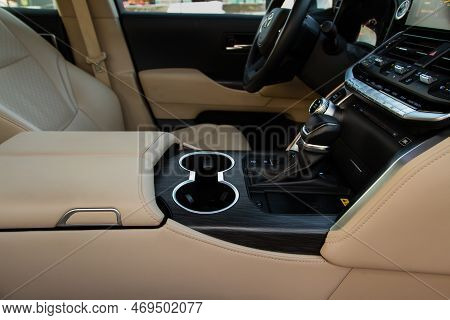 Moscow, Russia - December 11, 2021 Toyota Land Cruiser 300 (j300) Armrest In The Car For Driver. Car