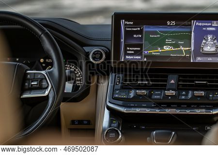 Moscow, Russia - December 11, 2021 Toyota Land Cruiser 300 (j300), Interior View. Interior Close Up 