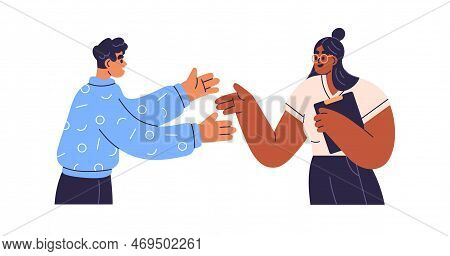 People Discussing, Chatting And Gesturing. Man And Woman Experts Explaining, Speaking, Talking About