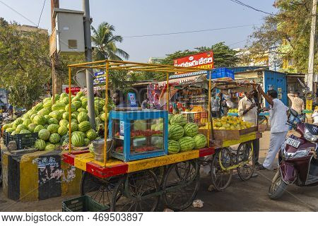 Puttaparthi, Andra Pradesh - India - January 21.2023: A Man Selling Watermelon On The Local Indian V