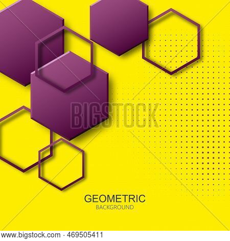 Geometric Background With Halftone Dots And Lilac Vector Hexagons And Their Shadow, Design Element
