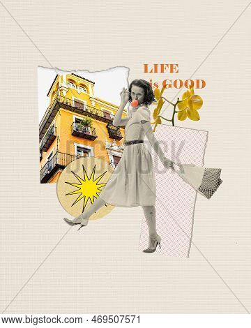 Shopping Activity. Sales. Contemporary Art Collage Of Beautiful Fashionable Woman With Shopping Bag 