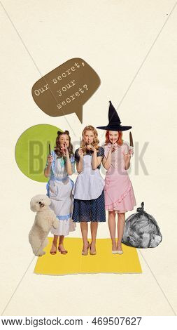 Housewives. Contemporary Art Collage, Poster In Reto Style. Young Women As Pretty Witches Standing W
