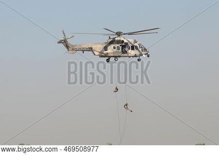 Nakhon Pathom, Thailand - January 14, 2023 : Air Show Eurocopter Ec725 Caracal, The Helicopter  For 