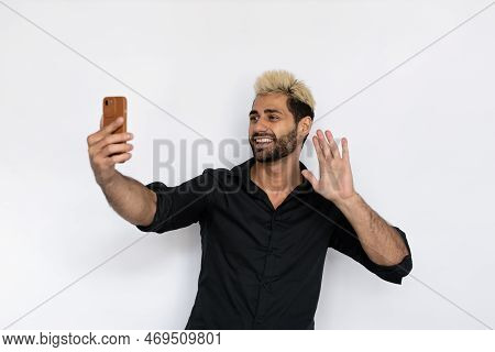 Joyful Young Man Taking Selfie. Male Caucasian Model With Brown Eyes, Ombre Painted Hair And Beard I