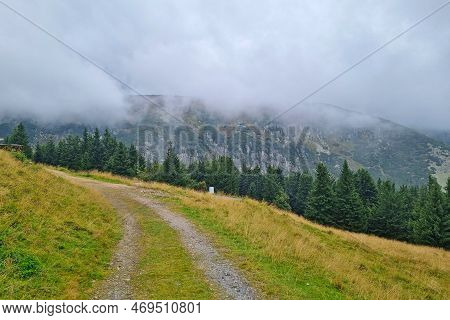 View Of The Green Slopes Of The Mountain On A Foggy Morning. Mystical Look.