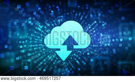 Cloud Technology Background. Cloud Computing. Cloud Storage Sign With Two Arrows Up And Down Icon Ma