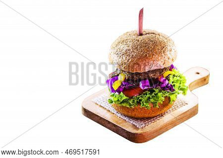 Vegan Food, Vegan Burger Sandwich, Artificial Meat Made From Sjoa, Protein And Vegetables, White Bac