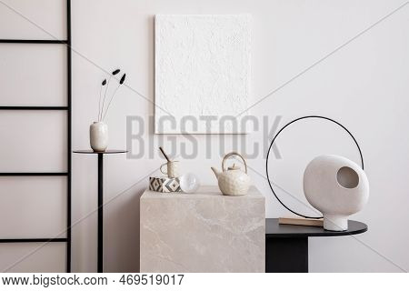 Creative Composition Of Cozy And Stylish Living Room With Mock Up Poster Frame,  Paintings, Marble C