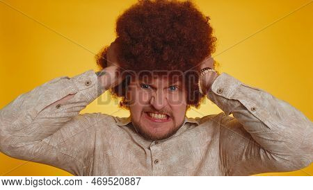 Angry Man With Lush Afro Hairstyle Coiffure Screams From Stress Tension Problems Feels Horror Hopele