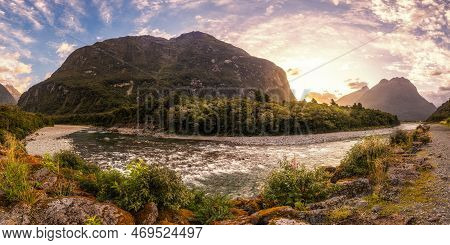 Panoramic View Of The Sun Setting Behind The Mountains Towering Above The Cleddau River Valley At Mi