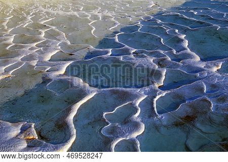 Lime Deposits In The Form Of Petrified Cascades And Small Lakes With Thermal Water In The Travertine
