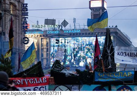 Kyiv, Ukraine - January 06, 2014: Evening View Of The Euromaidan Camp In Center Of Kyiv.