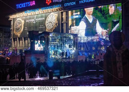 Kyiv, Ukraine - January 06, 2014: Night View Of The Music Performance In The Euromaidan Camp In Cent