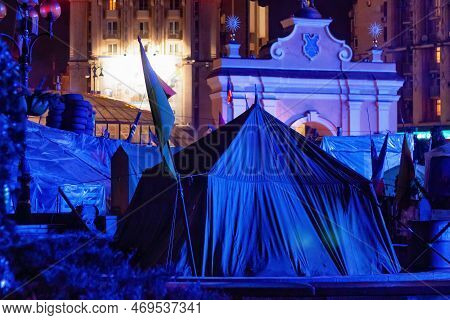 Kyiv, Ukraine - January 06, 2014: Night View Of The Euromaidan Camp In Center Of Kyiv.