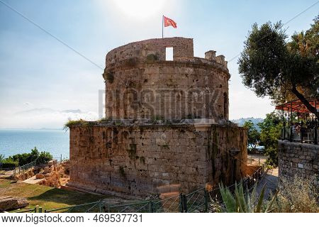 Antalya, Turkey - July 08, 2018: View Of The Hidirlik Tower. It Is Believed That The Ruling Roman Em