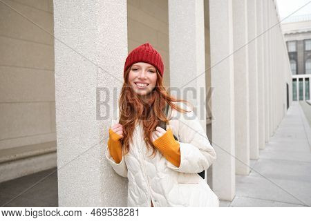 Happy Redhead Girl, Tourist Going Around Town, Exploring Sighsteeing Places In City, Backpacking Aro