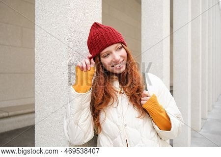 Happy Redhead Girl, Tourist Going Around Town, Exploring Sighsteeing Places In City, Backpacking Aro