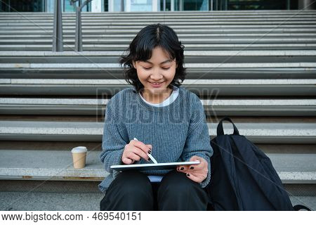 Smiling Girl, Graphic Designer, Using Digital Tablet And Pen Tool To Draw, Does Home Assignment For 