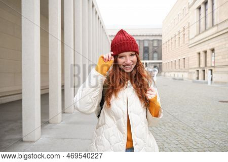 Happy Redhead Girl, Tourist Going Around Town, Exploring Sighsteeing Places In City, Backpacking Aro