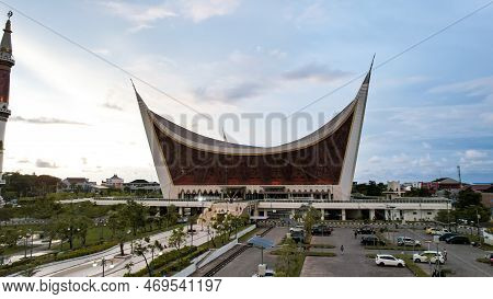 Aerial View Of The Great Mosque Of West Sumatera, The Biggest Mosque In West Sumatera. With A Unique