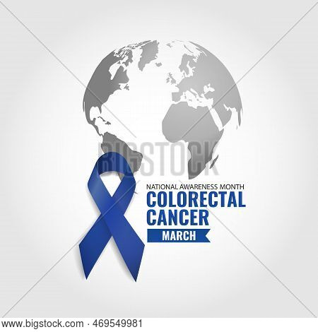 Vector Illustration Of National Colorectal Cancer Awareness Month. Banner With Dark Blue Ribbon