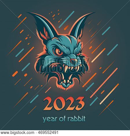 Year Of Rabbit 2023. New Years Logo With Raging Aggressive Rabbit. Color Logo In A Cartoon Style. Ve