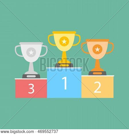 Winners Podium. Gold, Silver And Bronze Cups. Vector Illustration In Flat Style