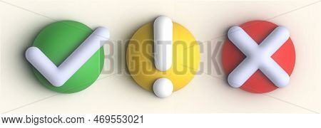 Realistic 3d Button. A Set Of Glossy Round Icons With A Check Mark, A Sign Of The Cross. For Apps An